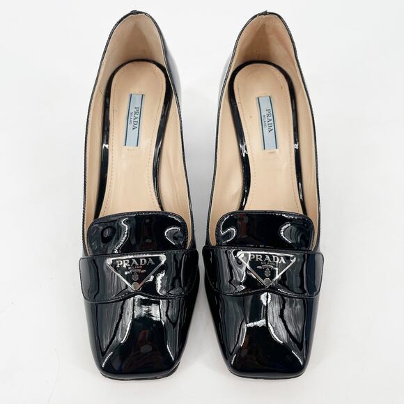 Prada Black Patent Vernice Metal Triangle Logo Block Heel Loafer Pumps IT 38 - Picture 6 of 14